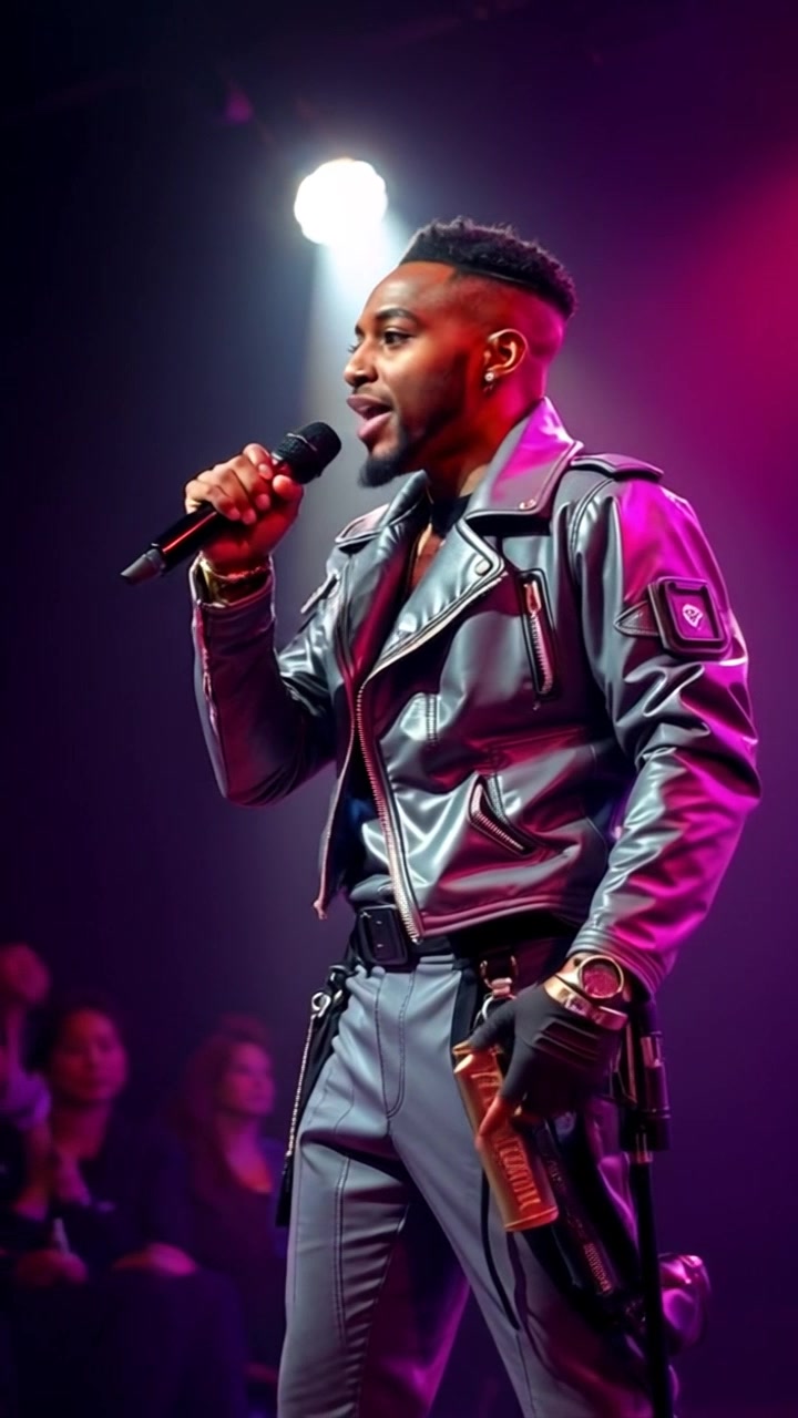 Subject: A young man confidently addressing an audience on stage. Subject movement: He gestures passionately while speaking into a microphone, his posture radiating enthusiasm. Scene: A well-lit auditorium with an attentive audience in the background, the spotlight illuminating the speaker. Style: Dramatic spotlighting with a gradient of warm colors contrasting against the darker surroundings. Motion: The camera performs a slow zoom in on the speaker, capturing his expressions as the audience reacts, creating an engaging dynamic.