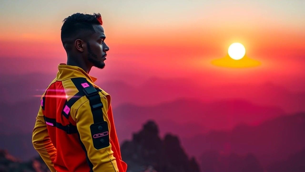 Subject: Isaiah standing atop a mountain peak. Subject movement: Isaiah turns his head slowly, taking in the breathtaking view of the vast valley below as the sun rises. Scene: Stunning mountain peak bathed in soft, golden sunrise light, with a sprawling valley extending in the background. Motion: Camera performs a gradual push-in, capturing Isaiah and the expansive landscape, while the warm light enhances the serene atmosphere.