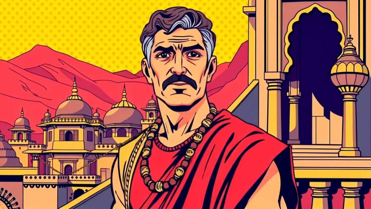 Subject: Daśaratha, dressed in regal attire, stands confidently on a balcony. Subject movement: He gazes thoughtfully over the vast kingdom of Ayodhyā, his cape gently fluttering in the breeze. Scene: The balcony is adorned with intricate designs, overlooking lush landscapes filled with vibrant homes and distant hills. Style: Warm, golden-hour lighting bathes the scene in a soft glow, accentuating the royal atmosphere. Motion: The camera slowly pushes in on Daśaratha, capturing the majesty of his stance and the grandeur of his kingdom in the background.