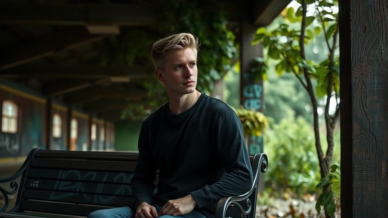 Subject: A thoughtful individual seated on a park bench. Subject movement: The individual gazes softly at the surrounding trees, occasionally shifting in place. Scene: A serene park setting amidst lush greenery with sunlight filtering through the leaves. Style: Soft, dappled lighting enhancing the tranquil atmosphere. Motion: The camera slowly pushes in, capturing the contemplative mood, while branches sway gently in the breeze.