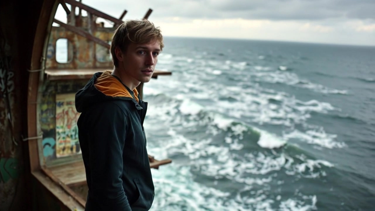 Subject: Ryan standing at the edge of a cliff, gazing intently at the turbulent sea below. Subject movement: Ryan remains still as strong winds whip around him. Scene: A dramatic cliff overlooking a churning ocean, waves crashing against the rocks, under a stormy sky. Style: Dark, moody lighting with flashes of sunlight breaking through the clouds. Motion: The camera performs a slow, sweeping dolly out from Ryan, creating a sense of scale between him and the vast, turbulent sea.