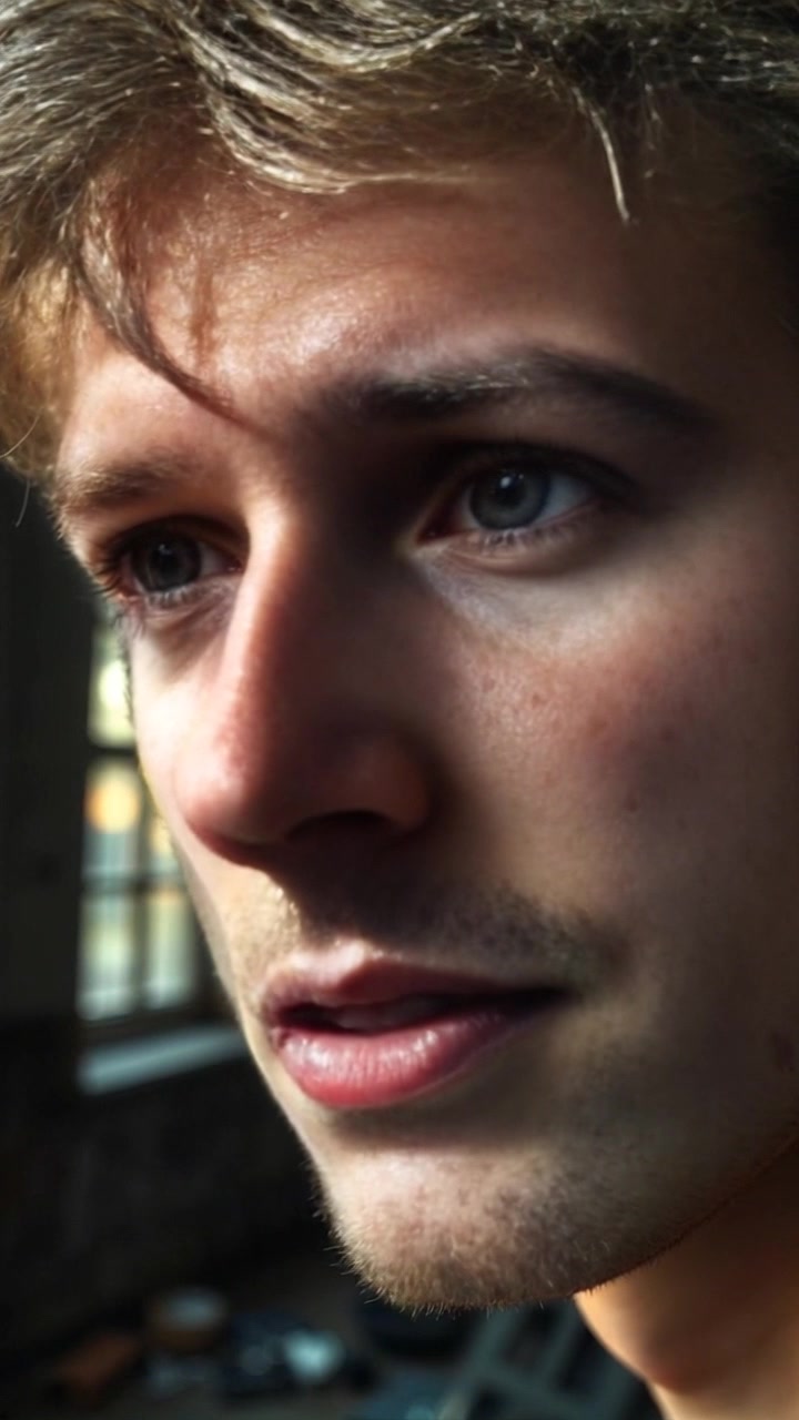 Subject: A man with a concerned expression as realization dawns on his face. Subject movement: His eyebrows furrow and lips part slightly in shock. Scene: A dimly lit room with soft shadows, emphasizing the subtle shifts in his expression. Style: Ambient lighting highlights the contours of his face, creating a moody atmosphere. Motion: The camera smoothly pushes in for a tight close-up, capturing the details of his changing expression with a soft focus on the background.
