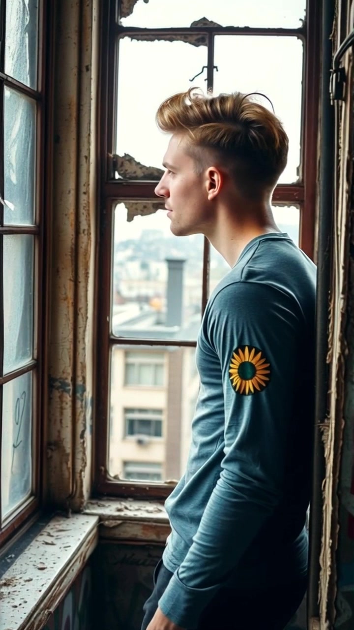 Subject: A person standing contemplatively by a large window. Subject movement: The individual gazes pensively out at the sprawling cityscape, seemingly lost in thought. Scene: A room filled with soft furnishings, a large window framing an expansive urban view. Style: Soft morning light streaming through the glass, casting gentle shadows across the room. Motion: The camera slowly pushes in from a distance, closing in on the figure while soft ambient music underscores the reflective atmosphere.