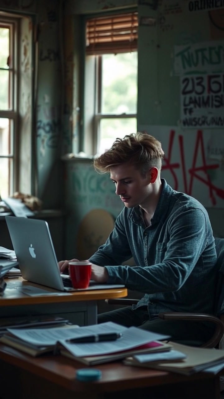 Subject: A person deep in thought at a cluttered desk. Scene: A crowded workspace filled with scattered papers and a laptop, illustrating a moment of concentration. Style: Soft ambient lighting that conveys a contemplative mood. Motion: The camera slowly pushes in on the subject, capturing the intensity of their focus, while gently panning to showcase the chaotic yet inspiring environment around them.