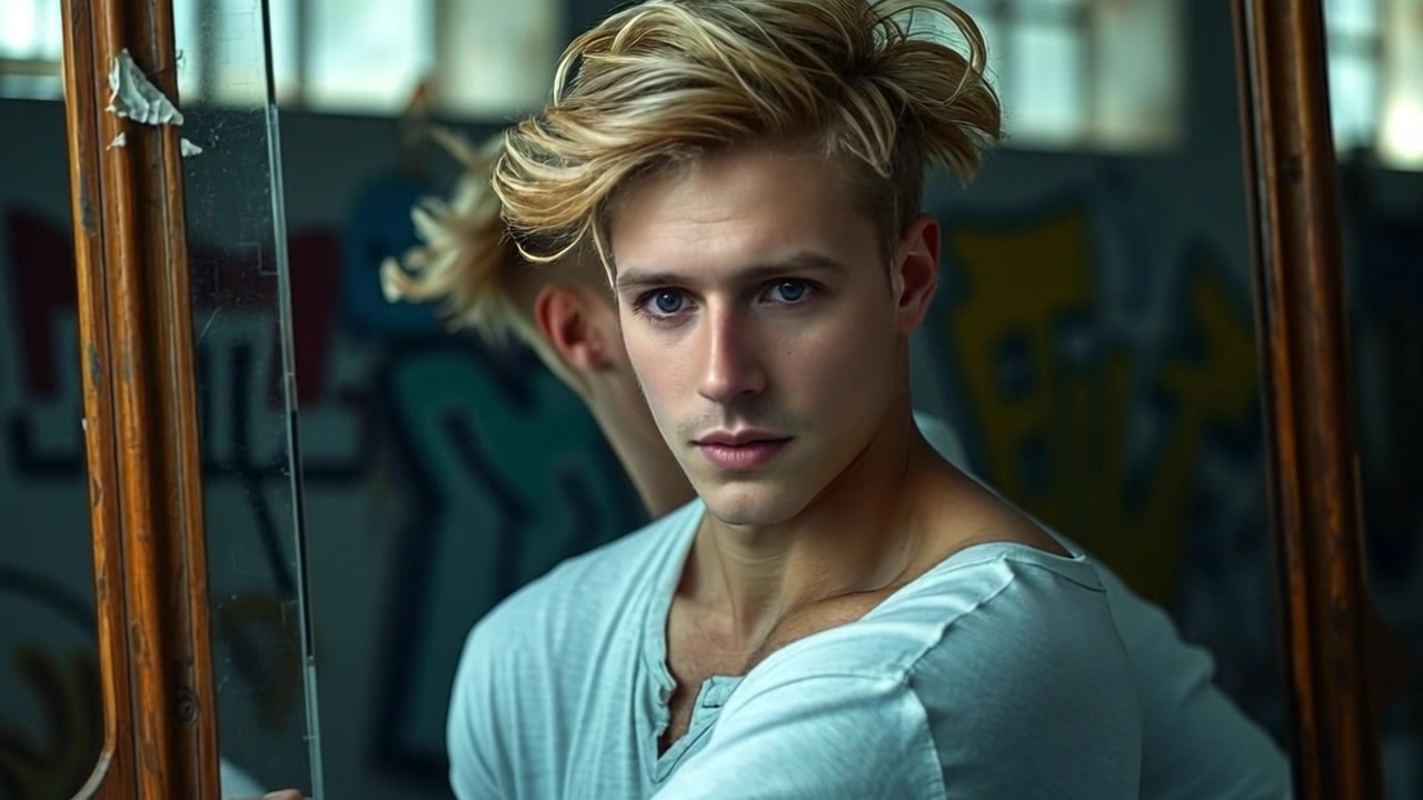 Scene: A man standing contemplatively in front of a mirror in a softly lit bathroom. Style: Ambient morning light creating gentle shadows on the walls and highlighting the man's serious expression. Motion: The camera slowly pushes in on the man's reflection, capturing the depth of his emotion as he gazes intently into the mirror.