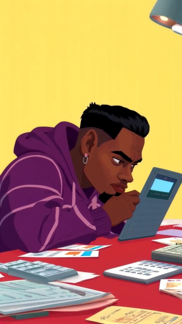 Subject: A young man seated at a table, surrounded by bills and a calculator. Subject movement: He leans forward, gripping the edge of the table, with a look of focused determination. Scene: A cluttered workspace illuminated by soft, overhead light, reflecting the weight of financial concerns. Motion: Camera pulls in slowly from a wide shot, highlighting the stress on his face as the surrounding clutter comes into sharper focus, creating an intimate and tense atmosphere.
