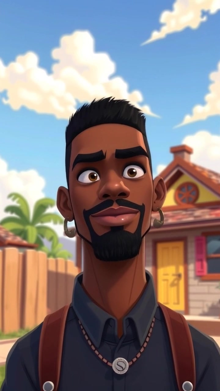 Subject: A young man with a determined expression. Subject movement: He takes a confident step forward from the front of his modest house. Scene: Sunny day in a quaint neighborhood, with a clear blue sky and greenery surrounding the home. Lighting: Bright, cheerful daylight illuminating the scene. Motion: The camera tracks in smoothly, focusing on his determined face as he begins his movement, with a slight upward angle that emphasizes his ascent.