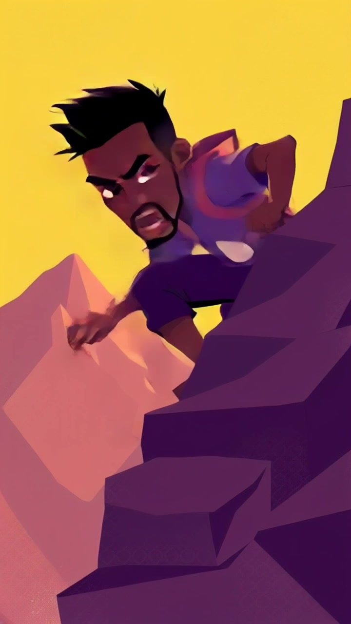 Subject: Andi climbing a steep hill, showcasing resilience and determination. Subject movement: Andi struggles upward, his feet digging into the earth, arms reaching for support as he battles the incline. Scene: A rugged, uneven hillside set against a dramatic sky, with clouds framing the struggle. Style: Gloomy overcast lighting creating a sense of urgency, with shadows enhancing the contours of the terrain. Motion: The camera follows Andi from a low angle, pushing in to capture the intensity of his ascent, before panning to reveal the daunting distance yet to be conquered.
