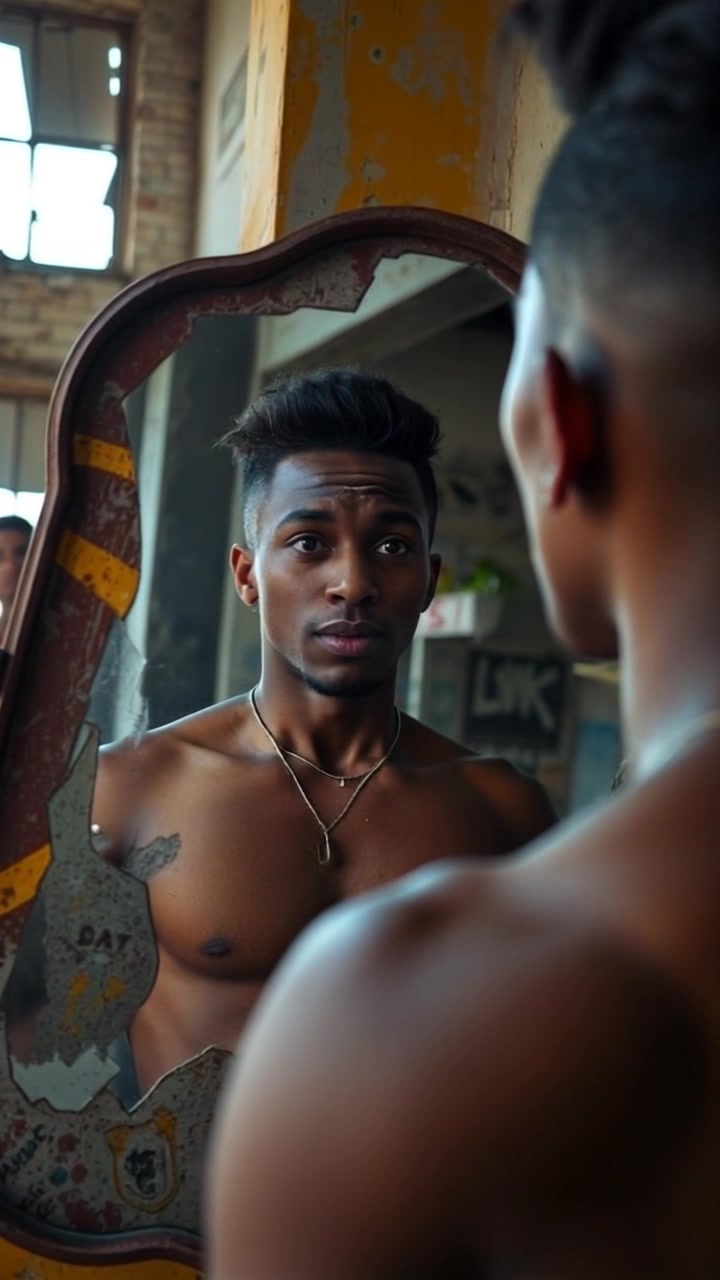 Subject: Isaiah standing in front of a mirror, looking at his reflection with a concerned expression. Subject movement: Isaiah shifts his weight slightly and raises a hand to touch the mirror's surface, deep in thought. Scene: A softly lit, modern bathroom featuring a large mirror and sleek fixtures, creating an intimate atmosphere. Style: Warm ambient lighting enhances the reflective surfaces, casting gentle shadows that heighten the emotional tone. Motion: Camera slowly dolly in, focusing on Isaiah's expression as he contemplates his reflection, with subtle blurring of the mirror's boundaries to emphasize his internal struggle.