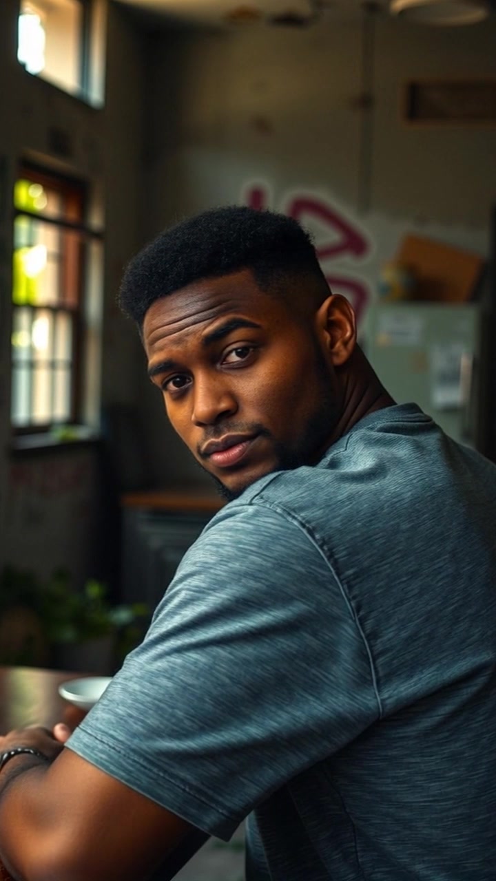 Scene: A cozy kitchen with warm wooden tones, featuring a table set with morning light streaming through a window. Motion: Camera slowly pushes in on Isaiah as he sits back down at the table, capturing the subtle resignation in his posture. Style: Soft, inviting light adds a serene atmosphere, enhancing the intimate feel of the kitchen space.