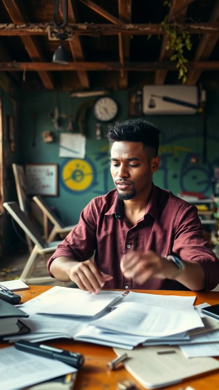 Subject: A young man sitting at a cluttered desk. Subject movement: He leans back in his chair, rubbing his temples in frustration as papers flutter slightly around him. Scene: A chaotic office space filled with scattered papers and a dim light filtering through the window. Style: Soft, ambient lighting emphasizing the messiness and stress of the environment. Motion: The camera slowly pushes in, focusing on his face to capture the range of emotions, then briefly circles around to emphasize the chaos of the desk.