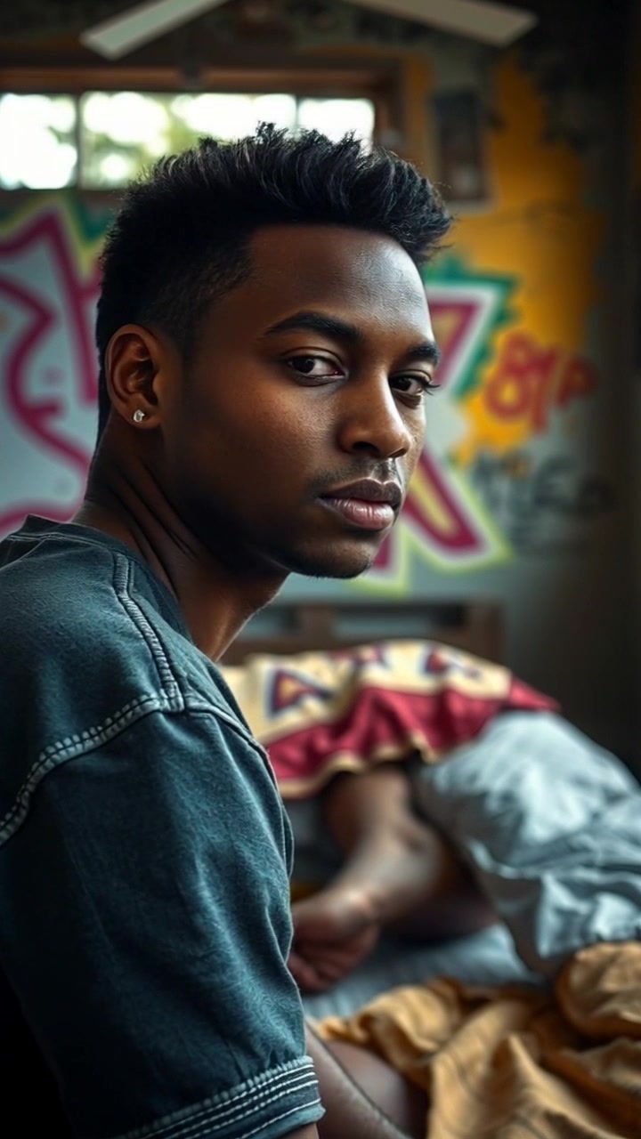 Subject: A character named Isaiah, sitting on a bed in a dimly lit room. Subject movement: Isaiah glances around cautiously, shifting his gaze between shadows as if sensing something. Scene: A cozy bedroom with soft, muted colors, simple furnishings, and a slightly disheveled bedspread. Style: Ambient lighting creating a tense atmosphere as shadows play across the walls. Motion: The camera slowly zooms in on Isaiah's face, capturing the subtle expressions of concern and curiosity, then gently pans to reveal the surrounding room.
