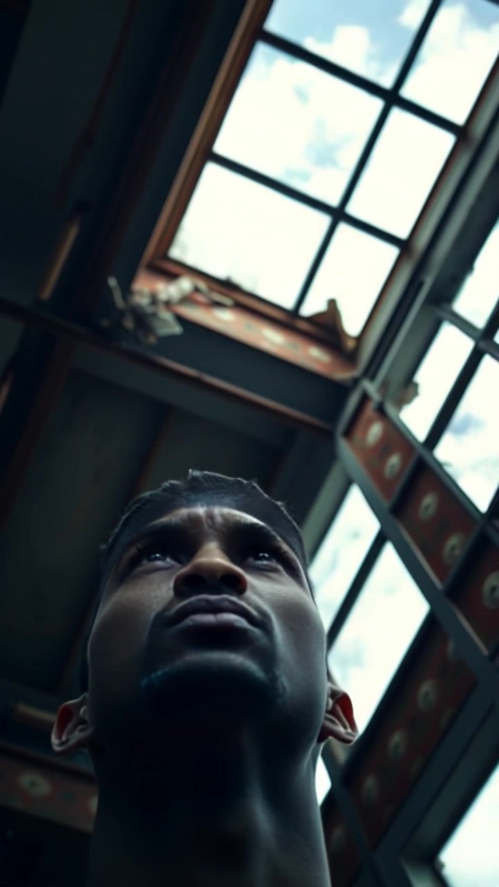 Subject: A determined individual gazing upward at the sky. Scene: An upward view of the character surrounded by a vast, open sky filled with clouds. Style: Soft, diffused lighting with a bright, hopeful tone. Motion: The camera slowly tilts upward from the subject's focused expression to the expansive sky above, capturing the sense of aspiration in the moment.
