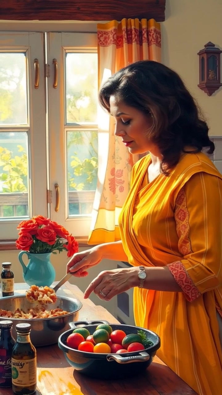 Subject: A mother preparing a meal in a warm kitchen. Subject movement: She stirs a pot on the stove while occasionally checking a baking dish in the oven. Scene: Cozy kitchen filled with sunlight streaming through a window, soft shadows dancing on the walls, and fresh ingredients laid out on the counter. Style: Warm, golden hour lighting enhancing the inviting atmosphere of the space. Motion: Camera slowly pans in to capture the intricate details of her cooking process, focusing on the textures and colors of the ingredients.