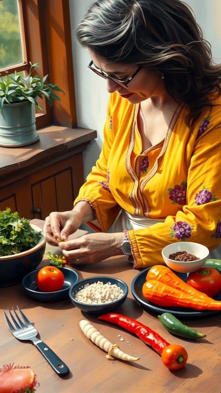 Scene: A rustic wooden kitchen table filled with vibrant spices and fresh vegetables being prepared for a meal. Style: Warm, inviting lighting that creates a cozy atmosphere in the kitchen. Motion: The camera glides smoothly over the table, capturing the details of the ingredients while gently pushing in to focus on the intricate textures and colors of the vegetables.