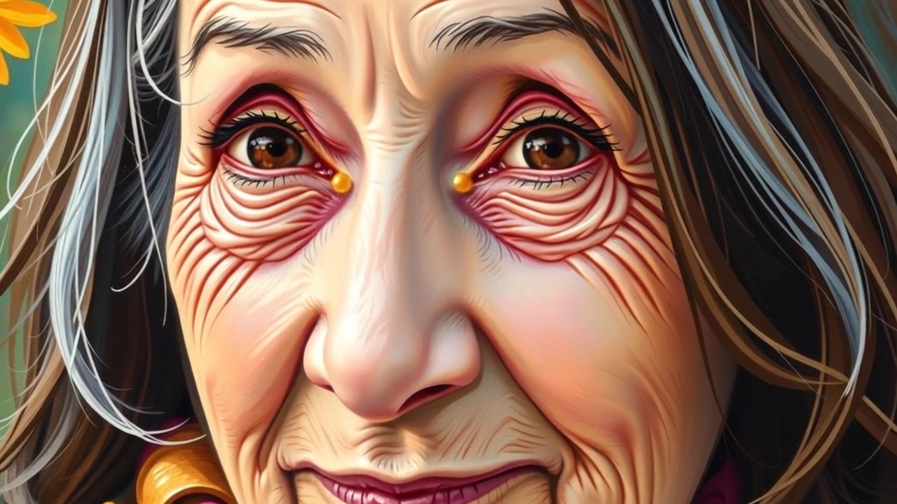 Scene: A gentle close-up of an old woman's face, radiating warmth and curiosity. Style: Soft, diffused lighting that highlights the subtle textures of her skin, enhancing the feeling of intimacy. Motion: The camera slowly pushes in, capturing her expressive features and the glimmer of her eyes, drawing viewers into her world.