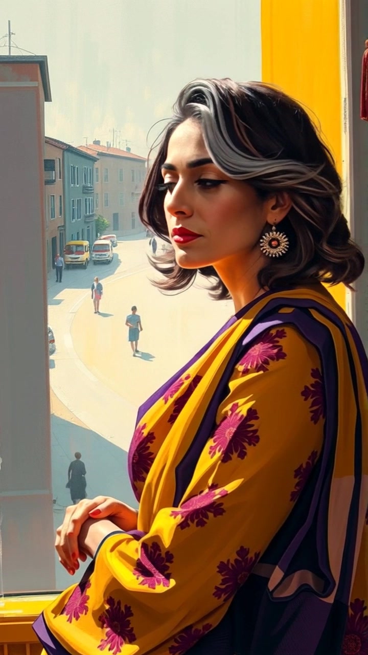 Subject: A young woman named Radha sitting by a window. Subject movement: She gazes thoughtfully out at the bustling street below. Scene: Cozy indoor setting, with soft curtains framing the window, sunlight streaming in. Style: Warm morning light casts a gentle glow around the room, enhancing the inviting atmosphere. Motion: The camera gently pushes in towards Radha, capturing the serene expression on her face while the sounds of the lively street create a soft background hum.