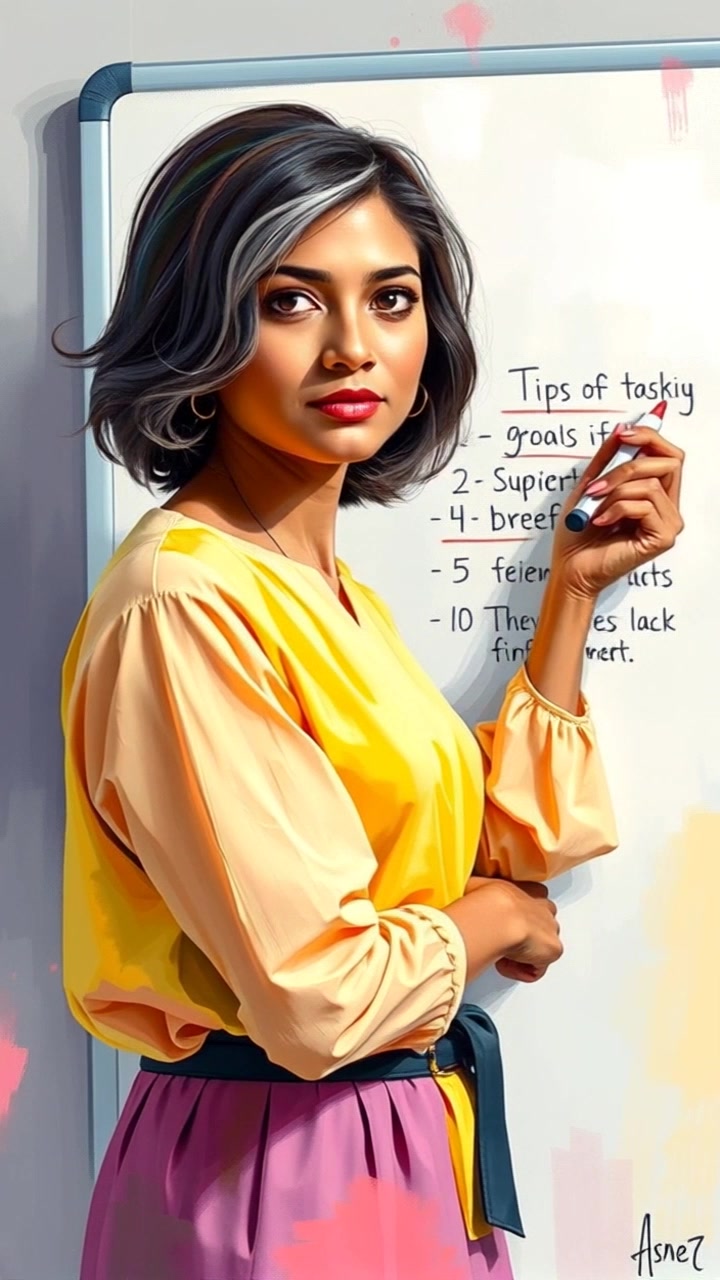Subject: A host enthusiastically writing tips on a whiteboard with a marker. Subject movement: The host gestures animatedly while writing, drawing attention to each tip. Scene: A bright, well-lit classroom filled with learning materials and an engaged audience in the background. Style: Crisp, bright lighting filling the space with energy and clarity. Motion: The camera performs a slow push-in towards the whiteboard, capturing the host's expressions and movements closely as they interact with the audience.