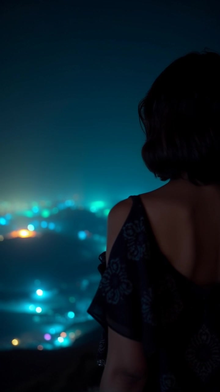 Subject: A woman standing on a hilltop, gazing at the vast landscape before her. Subject movement: She shifts her weight slightly, turning her head to take in the scenery. Scene: A breathtaking panoramic view from a hilltop, featuring rolling hills and an expansive sky. Style: Bright, midday light illuminating the landscape, accentuating the lush greens and earthy tones. Motion: A slow push-in shot that captures the woman's serene expression while the panoramic backdrop unfolds, creating a sense of connection between her and the vastness of nature.