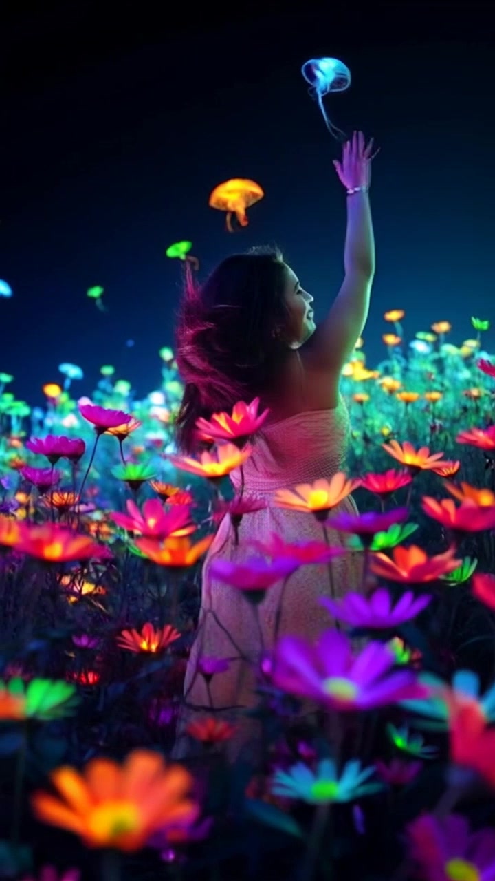 Subject: Priya dancing joyfully among blooming flowers, celebrating life. Subject movement: Priya twirls and leaps gracefully through the vibrant field, her movements fluid and full of energy. Scene: An open field bursting with colorful flowers, under a bright blue sky. Style: Warm, sunlit atmosphere with a lively and uplifting vibe. Motion: The camera performs a sweeping aerial shot, capturing Priya's dance as she moves through the blossoms, with a slight dolly in to emphasize her joyful expressions.