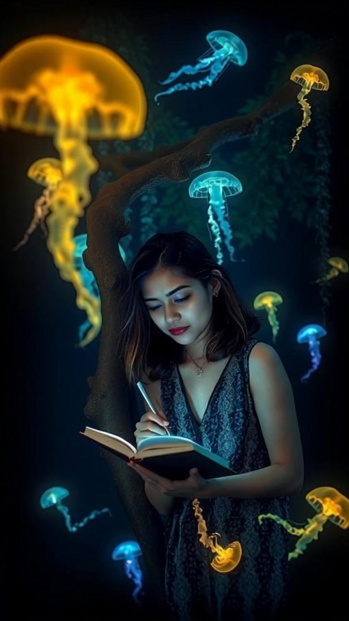 Subject: Riya writing notes in a journal. Subject movement: She writes thoughtfully, occasionally pausing to gaze up at the leaves swaying gently in the breeze. Scene: A serene outdoor setting beneath a large tree, surrounded by soft grass and scattered wildflowers. Lighting: Soft, dappled sunlight filters through the branches, creating a calming atmosphere. Motion: The camera gently tilts down from the tree's canopy, focusing on Riya's expressions as she writes, then subtly pulls back to reveal the tranquil environment.