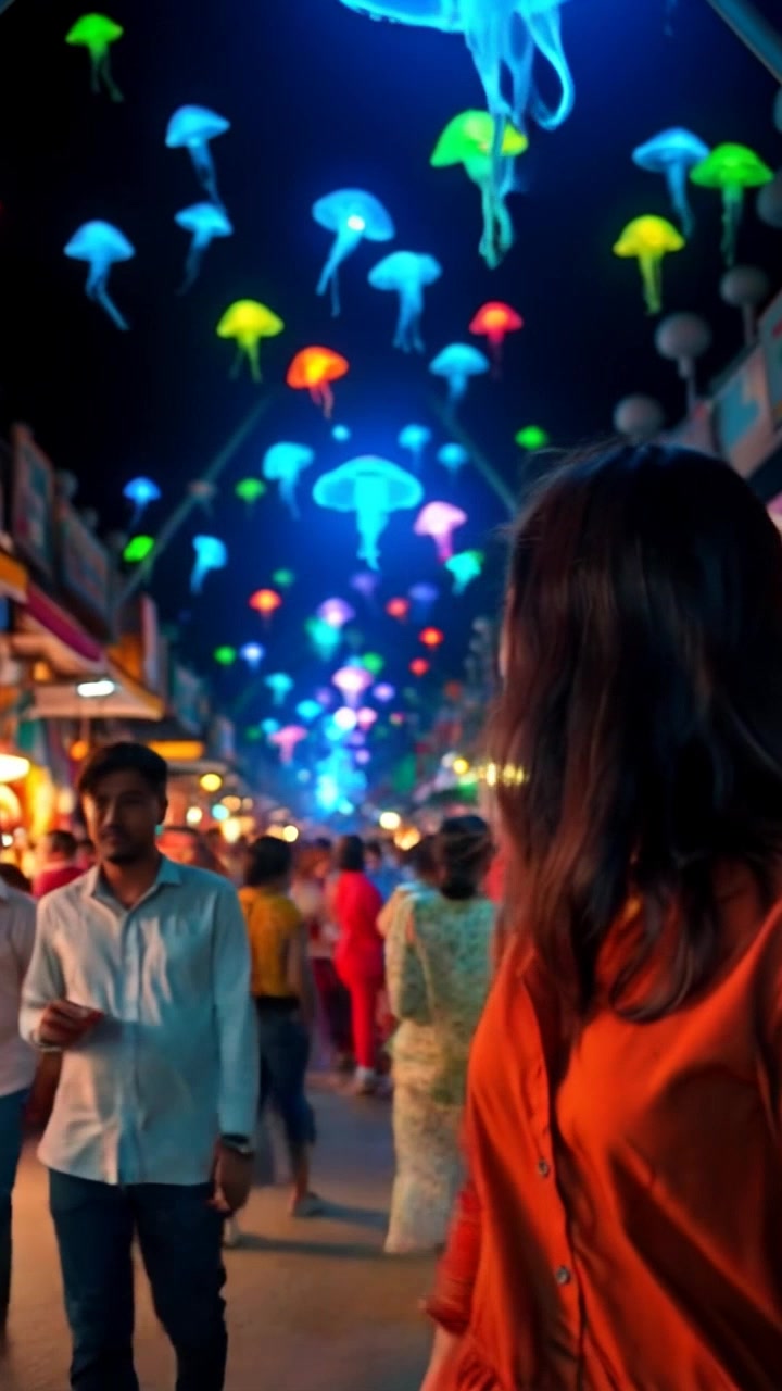 Scene: A bustling street in Delhi filled with vibrant market stalls and people moving energetically among them, creating a colorful tapestry of activity. Style: Bright, natural lighting highlighting the vivid colors of the stalls and the lively atmosphere. Motion: The camera glides through the crowd, capturing the essence of the market scene from various angles, weaving in and out of the bustling people and stalls.