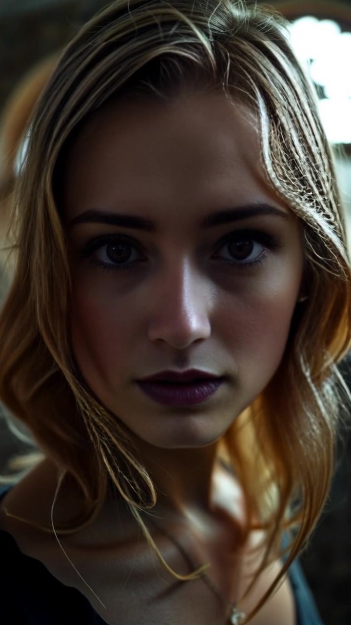 Subject: A close-up of a person with a concerned expression. Scene: The individual is framed in a dimly lit environment, shadows looming ominously in the background, creating a sense of tension. Style: Low-key lighting enhances the dramatic effect with deep shadows. Motion: The camera slowly zooms in on the person's face, capturing the nuances of their expression as they shift their gaze toward the source of concern.
