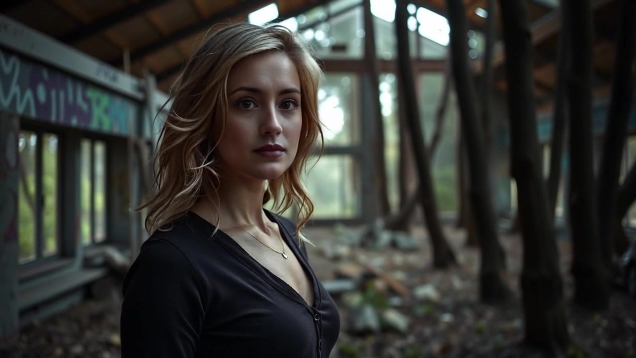 Subject: A determined figure standing resolutely. Subject movement: The figure gazes intently into the dark forest, her posture firm and unwavering. Scene: Dense, shadowy woods, with ominous trees towering in the background. Lighting: Dim, with filtered light barely penetrating the canopy, creating a mysterious and suspenseful atmosphere. Motion: Camera slowly zooms in on the figure's face, capturing her intense expression, then shifts focus to the eerie depths of the forest, inviting viewer curiosity.