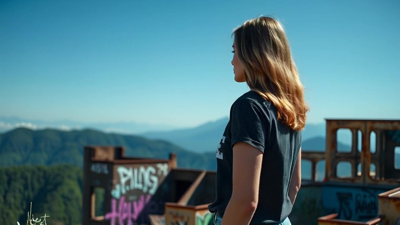 Subject: A person standing on a hilltop. Subject movement: The person gazes contemplatively towards the distant mountain range, their hair gently swaying in the breeze. Scene: A scenic hilltop with a panoramic view of a mountain range under a clear blue sky. Lighting: Bright daylight, creating vibrant colors and sharp shadows. Motion: A smooth dolly-in shot that begins from an elevated angle and gradually transitions to an eye-level view, capturing the serene landscape and the sense of awe in the scene.