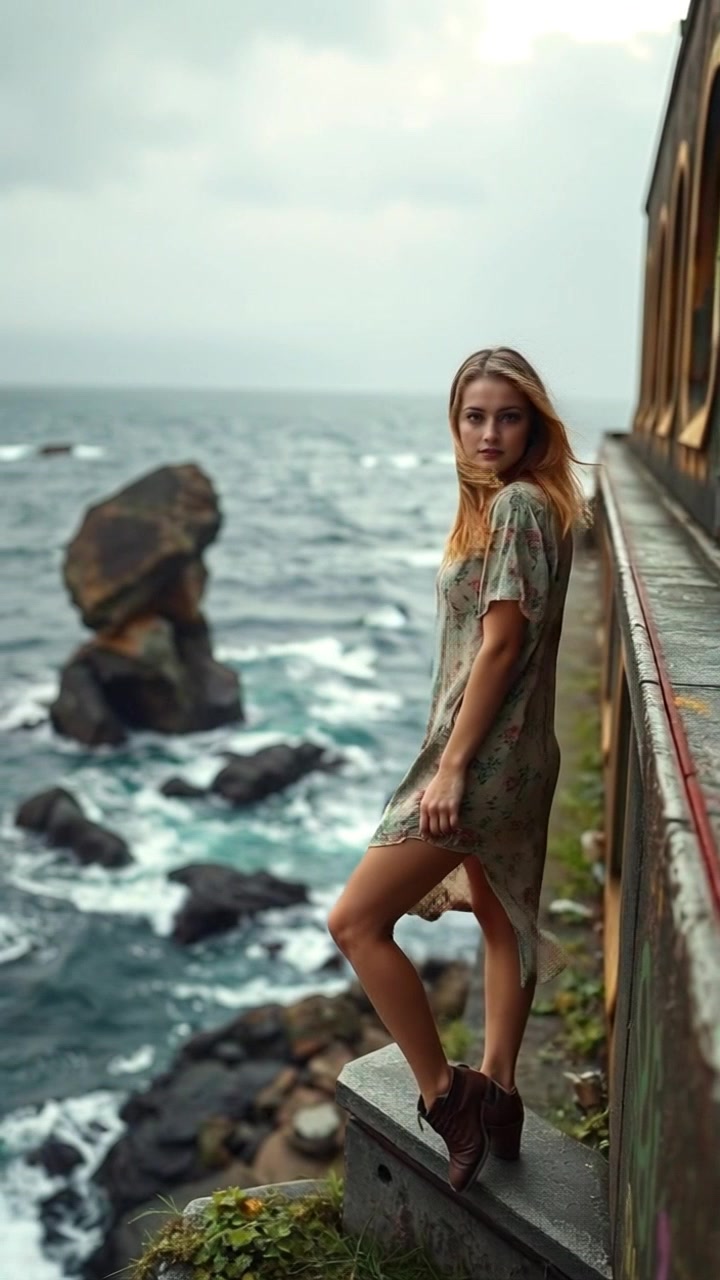 Subject: A woman standing on a rocky cliff. Subject movement: She stands still against the howling wind, her hair blowing fiercely. Scene: A dramatic cliff overlooking a tumultuous ocean under a stormy sky. Style: Dark, brooding lighting accentuating the intensity of the storm. Motion: The camera slowly pushes in, capturing the woman in profile as the waves crash violently below, with the wind whipping around her, showcasing the raw power of nature.