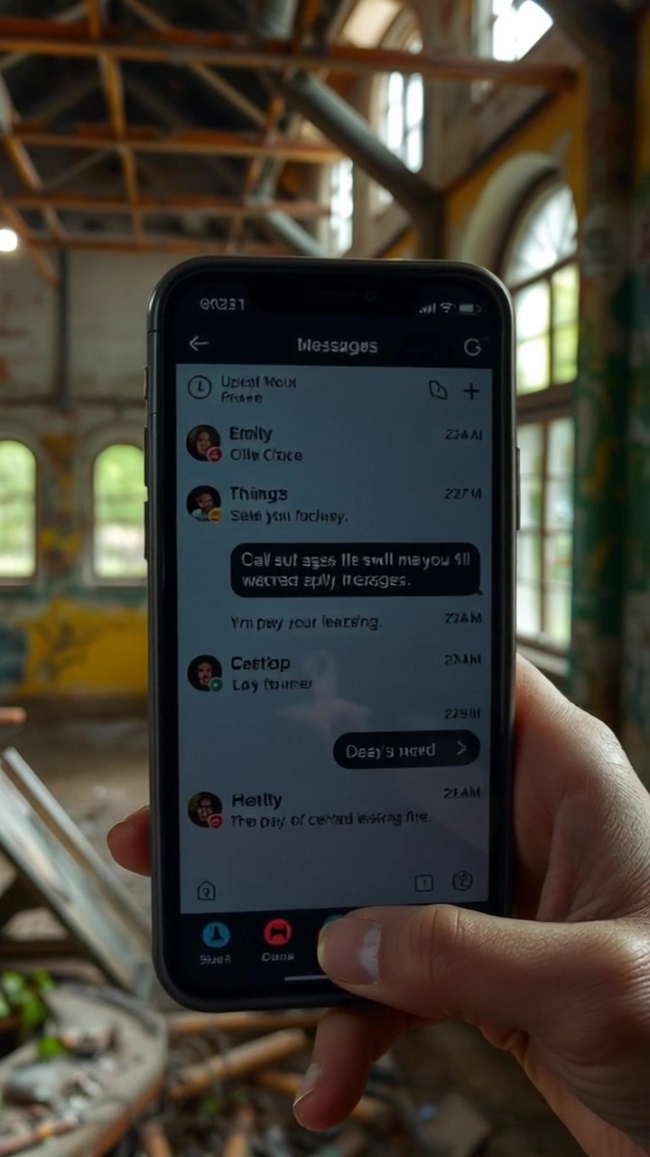 Scene: A close-up of a phone screen displaying an array of messages, showcasing vibrant chat bubbles and emojis in a digital interface. Style: Ambient lighting that highlights the screen's brightness against a softly blurred background. Motion: The camera pans slightly from left to right, capturing the dynamic movement of new messages appearing in real-time, creating a lively feel.