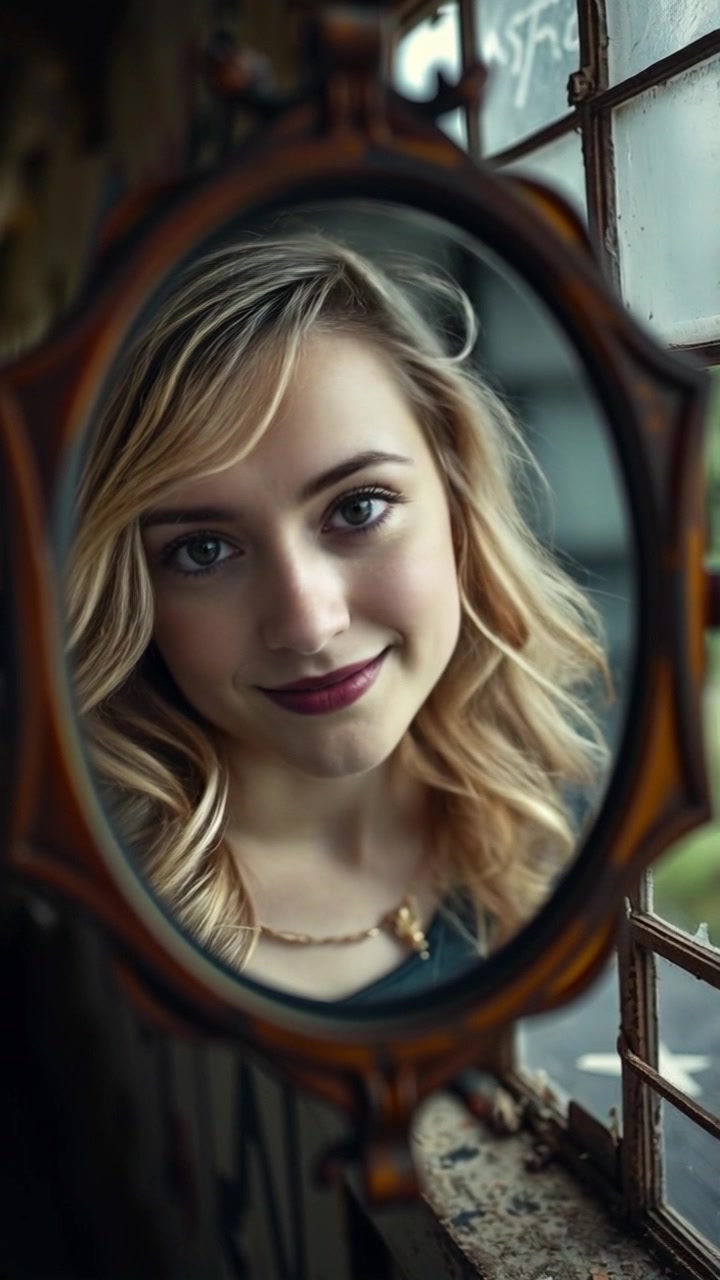 Scene: A close-up of Ashley's reflection in a beautifully ornate mirror, featuring a soft smile that reflects warmth and inviting emotions. Style: Soft, ambient lighting creates a tranquil atmosphere, enhancing the delicate features of the reflection. Motion: The camera gently pushes in, focusing on the smile, while subtle bokeh effects blur the surroundings, adding a dreamy quality to the moment.