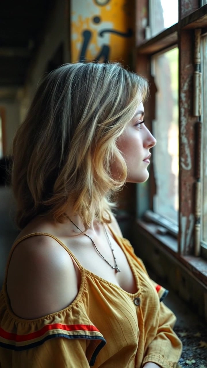 Subject: A thoughtful individual gazing out of a window, lost in contemplation. Subject movement: The person subtly shifts their weight, occasionally glancing to the side as if drawn by an unspoken thought. Scene: A cozy room with soft, natural light filtering through the window, casting gentle shadows on the walls. Style: Warm, inviting lighting creating a serene atmosphere. Motion: The camera softly pulls back from a close-up of their face, revealing the tranquil setting, before panning gently toward the view outside.