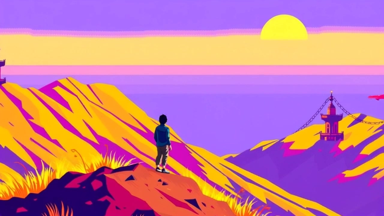 Subject: A figure standing on a hilltop. Subject movement: The figure gazes thoughtfully at the vast horizon, with a slight shift in posture. Scene: Hilltop overlooking a sweeping valley, with rolling hills in the background and a wide open sky. Style: Warm, late afternoon sunlight giving a golden hue to the landscape, creating a serene atmosphere. Motion: A slow push-in shot that begins from a distance, gradually revealing the figure against the expansive backdrop, capturing the gentle sway of the grass below.