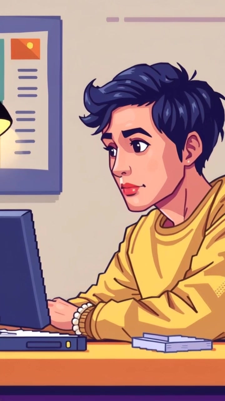 Subject: A young man sitting at a desk, focused on a project. Subject movement: He shifts slightly, adjusting his posture as he writes notes. Scene: A cozy home office filled with books and a warm desk lamp illuminating scattered papers. Style: Soft, ambient evening light enhances the intimate atmosphere of creativity. Motion: The camera slowly pushes in to capture the intensity in his expression, emphasizing the detail of his concentrated work.
