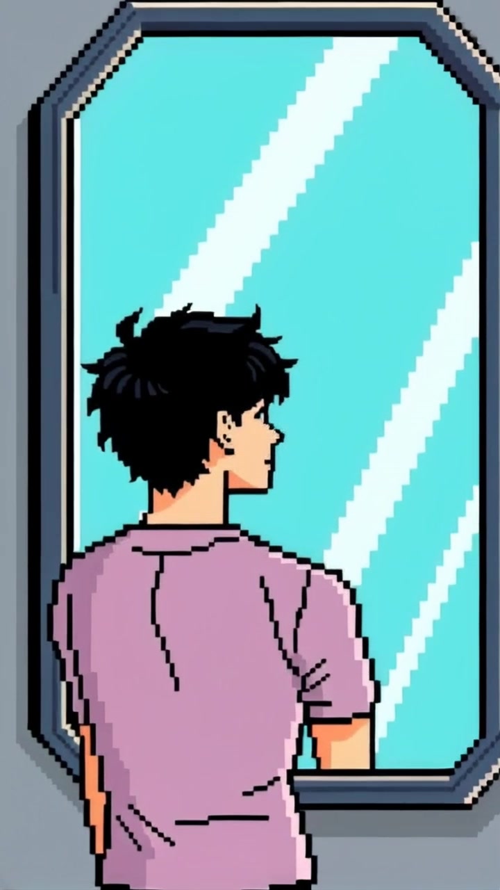 Subject: A person standing alone in front of a mirror. Subject movement: The person slowly raises a hand to touch the mirror's surface, revealing a contemplative mood. Scene: A dimly lit bathroom, with soft shadows dancing around the edges of the space, highlighting the reflective surface. Style: Ambient lighting creates a slightly moody atmosphere, emphasizing introspection and solitude. Motion: The camera performs a subtle dolly-in, drawing closer to capture the nuance of the subject's expression as they gaze into the mirror.