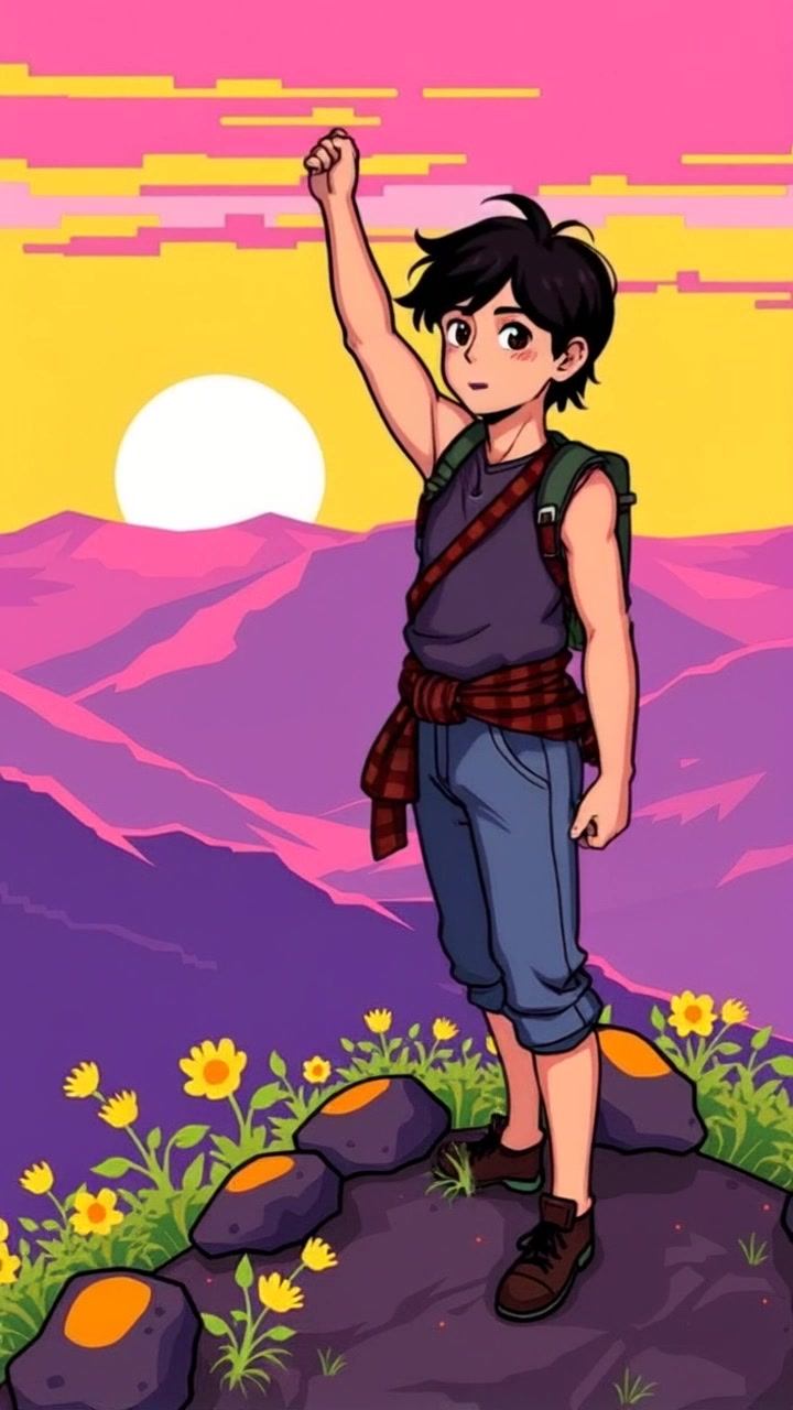 Subject: Kresna standing tall and victorious on a hilltop. Subject movement: Kresna raises one arm in triumph as the sun sets behind, the silhouette defined against the vibrant sky. Scene: Hilltop overlooking a vast landscape, with the sun casting a rich, warm glow across the horizon. Lighting: Dramatic sunset light bathing the scene in shades of orange and purple. Motion: Camera slowly pushes in from a distance, capturing the grandeur of the moment, before circling around to view Kresna's expression of victory.