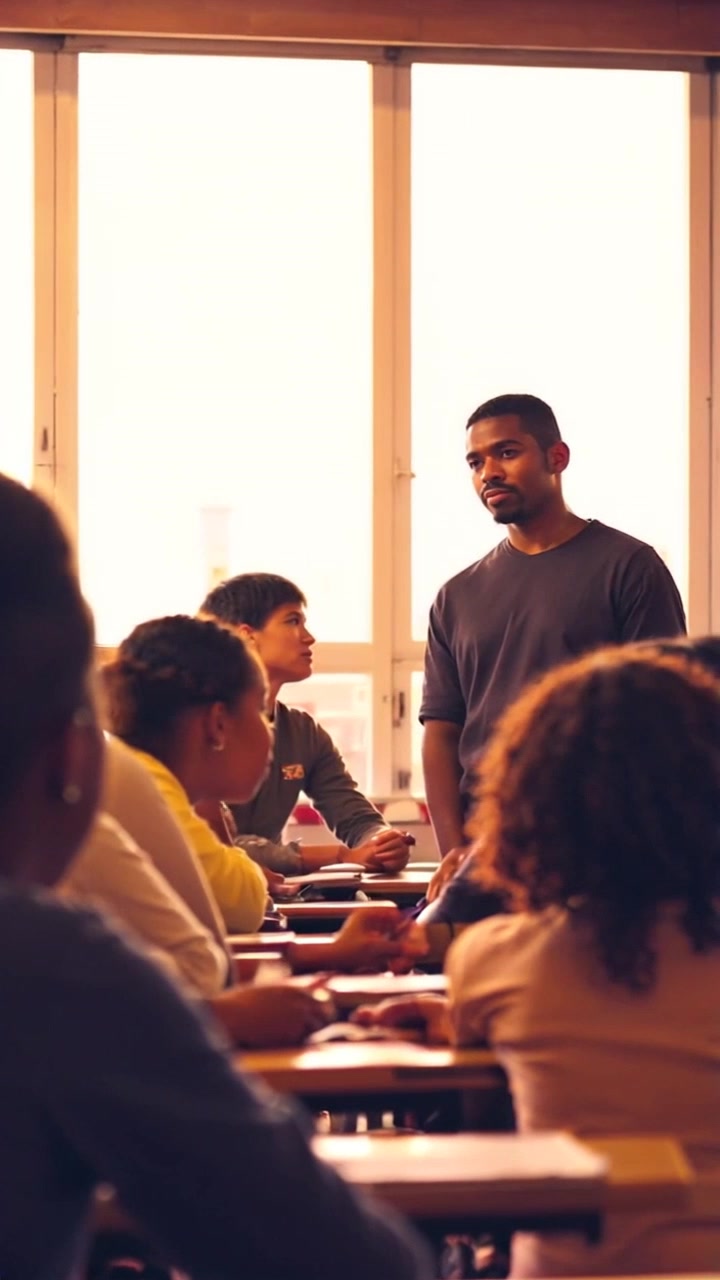 Subject: A student with a curious expression, raising his hand in a bustling classroom. Subject movement: He moves slightly to lean forward while raising his hand confidently. Scene: A bright classroom filled with colorful posters and student desks, with classmates engaged in discussion around him. Lighting: Natural light streaming through large windows, creating an inviting atmosphere. Motion: The camera slowly zooms in on the student as he raises his hand, capturing his enthusiasm and eagerness to participate.