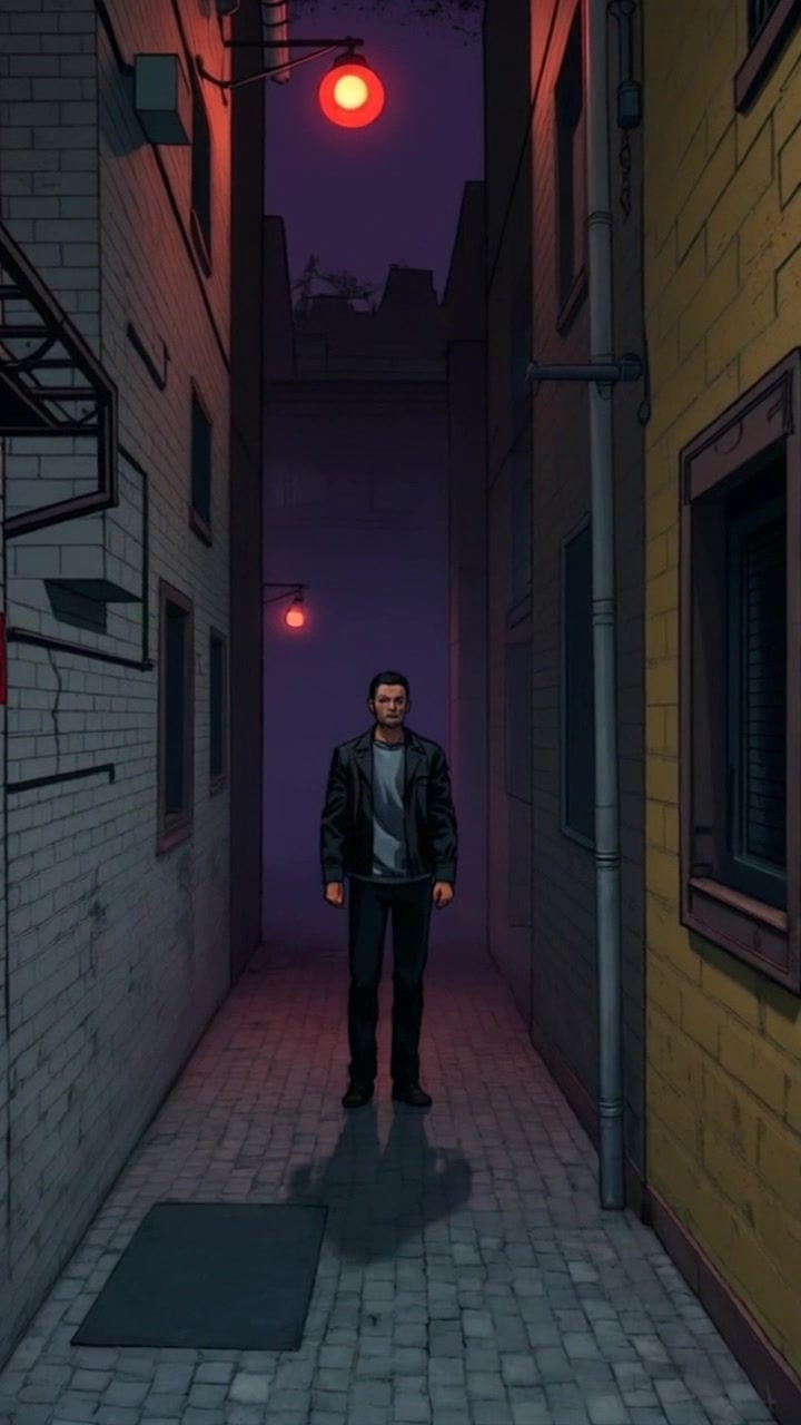 Subject: A figure standing alone in a dimly lit alley. Subject movement: The figure shifts slightly, casting long shadows along the gritty walls. Scene: A narrow alleyway engulfed in darkness, illuminated by sporadic flickering street lamps. Style: Shadows enhancing the atmosphere of unease, with a cold color palette. Motion: The camera creeps forward slowly, focusing on the figure, accentuating the tension and solitude of the moment.