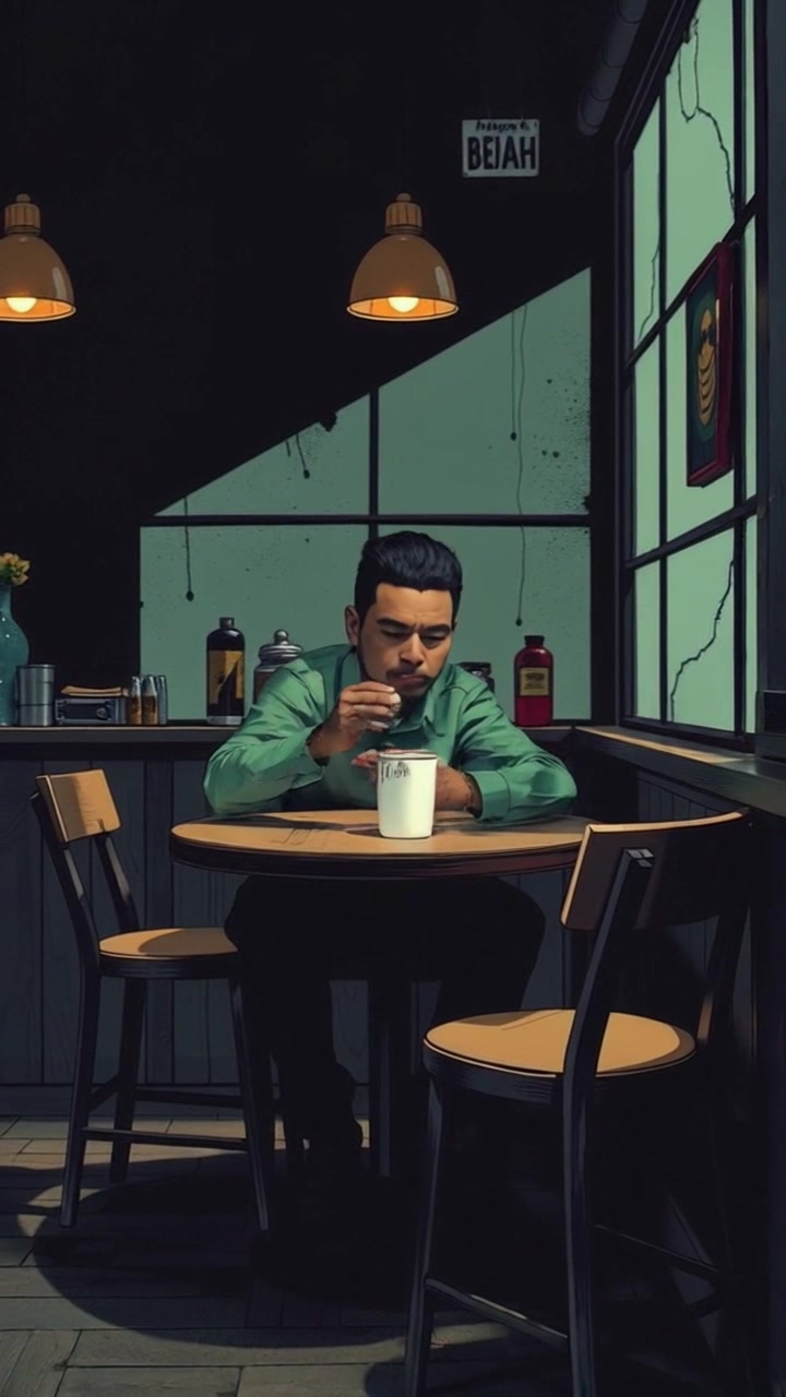 Subject: You sitting alone at a wooden table in a small coffee shop, holding a coffee cup with a contemplative expression. Subject movement: You take a slow sip of the coffee, then gaze out the window, lost in thought. Scene: A cozy coffee shop interior with soft lighting and warm wood tones, filled with the gentle hum of conversation in the background. Motion: The camera performs a close-up shot on your face, then pulls back to reveal the inviting atmosphere of the shop, capturing the details of the surrounding decor with a warm, inviting glow.