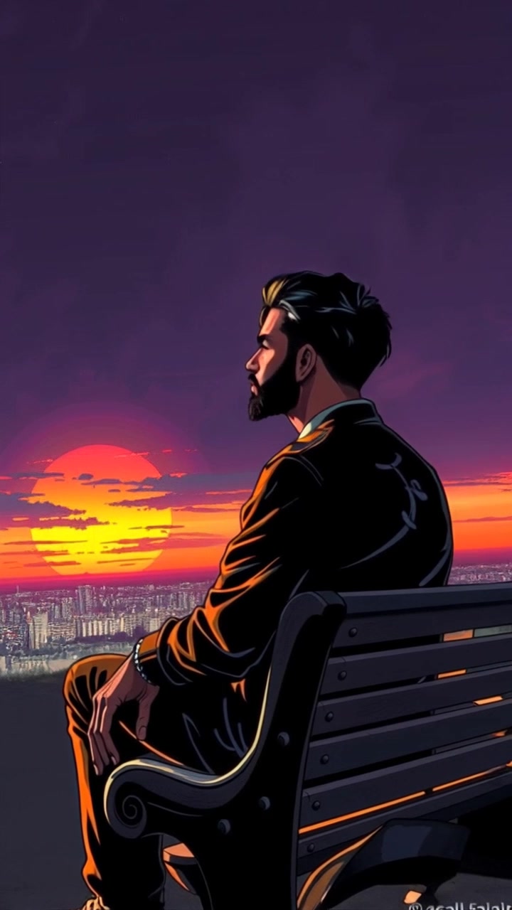 Subject: A person sitting on a bench. Subject movement: The person shifts slightly, letting out a deep breath while staring contemplatively at the horizon. Scene: A serene open field at dusk, with the sun setting in the background casting gentle hues of orange and pink across the sky. Style: Soft, fading light creating a calm atmosphere with a hint of melancholy. Motion: Camera begins with a close-up of the person's face, capturing the emotions, then slowly pulls back to reveal the expansive landscape they are observing.