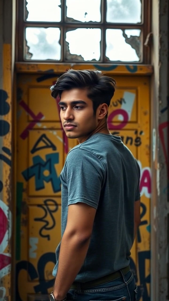 Subject: A young man standing in front of a door. Subject movement: He turns his head back nervously, a dawning realization evident on his face. Scene: An indoor setting with soft lighting, the door slightly ajar, hinting at something beyond. Style: Warm, inviting light flooding through the gap of the door. Motion: Camera slowly pushes in as he reacts, capturing the moment of introspection and suspense, with a slight focus on his changing expression.