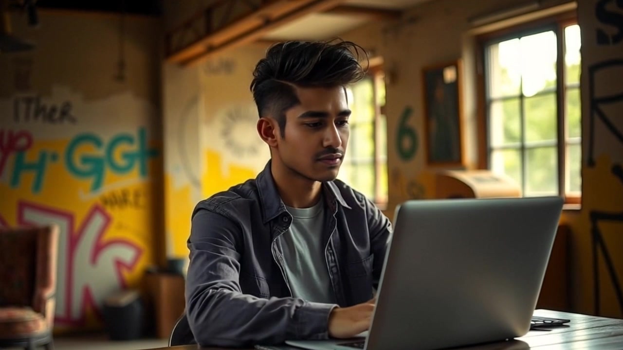 Subject: A focused individual at a desk. Subject movement: The person leans forward, typing intensely on the laptop, occasionally glancing at notes beside him. Scene: Cozy room, adorned with warm lighting and personal touches like plants and books. Style: Soft, golden ambient light filtering through a window, creating a warm and inviting atmosphere. Motion: Camera slowly pushes in from a wider angle, framing the workspace, then tightens on the individual’s determined expression as the ambiance of focus intensifies.