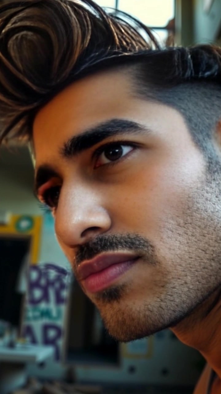 Subject: A person named Vivek, showcasing a close-up of his face filled with pain and realization as he reflects on his choices. Scene: Intimate setting with soft, diffused lighting emphasizing his emotional expression. Motion: The camera slowly pushes in for an extreme close-up, capturing the subtle nuances in his features, with a gentle focus shift to enhance the emotional gravity of the moment.