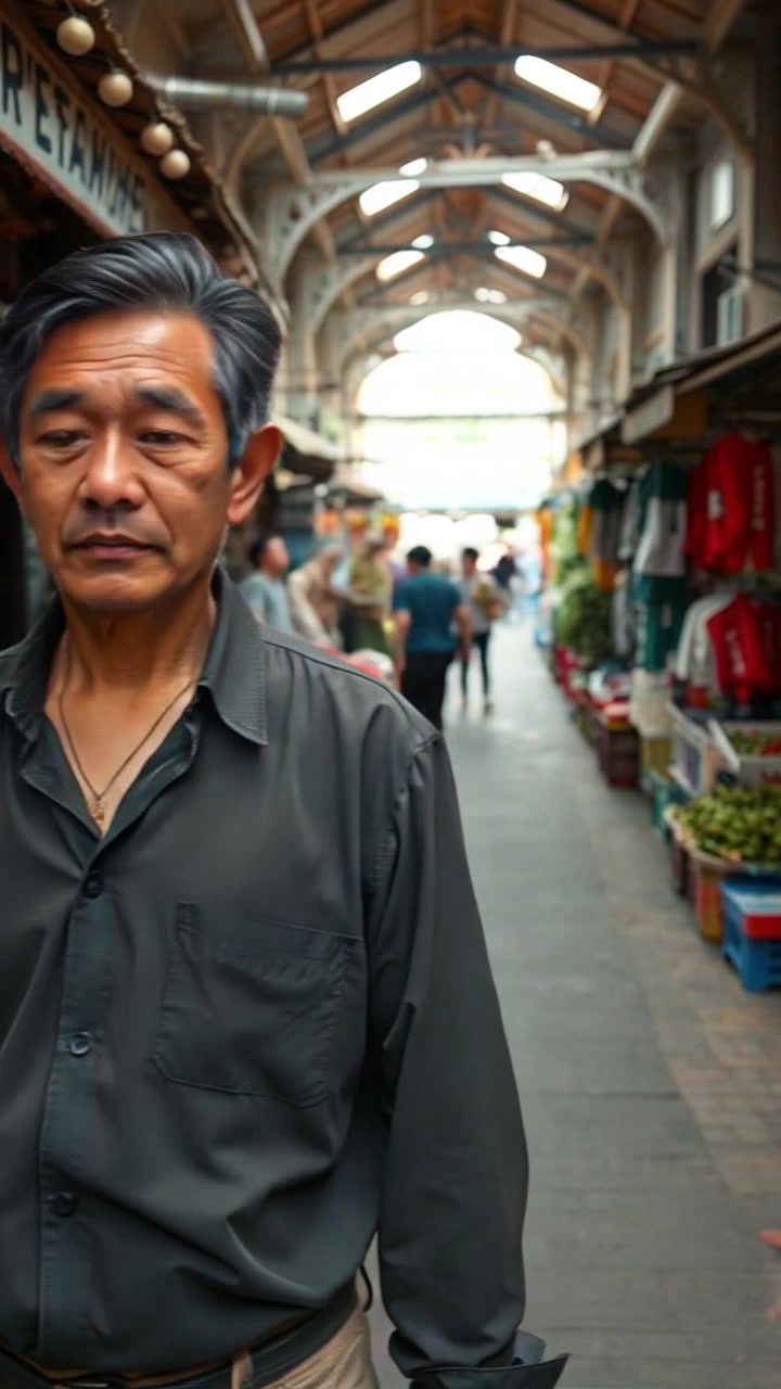 Subject: Hiro standing in a bustling marketplace filled with vibrant stalls. Scene: The lively atmosphere of a marketplace brimming with fresh produce and colorful goods. Lighting: Bright and cheerful daylight illuminating the scene. Motion: The camera performs a sweeping, handheld tracking shot, panning around Hiro to capture the vibrancy of the market as vendors interact and shoppers browse.