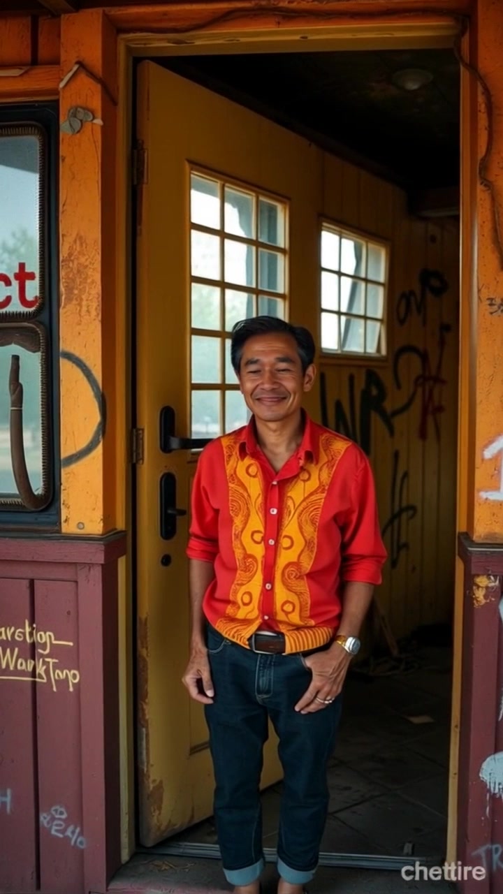 Subject: A person standing at the door of a small house, looking content. Subject movement: The person takes a deep breath, smiling gently as they gaze at the surroundings. Scene: Quaint house entrance surrounded by a small garden, with soft evening light creating a peaceful atmosphere. Motion: Camera slowly pushes in to capture the person's expression and the welcoming details of the doorway and garden, creating a warm, inviting mood.