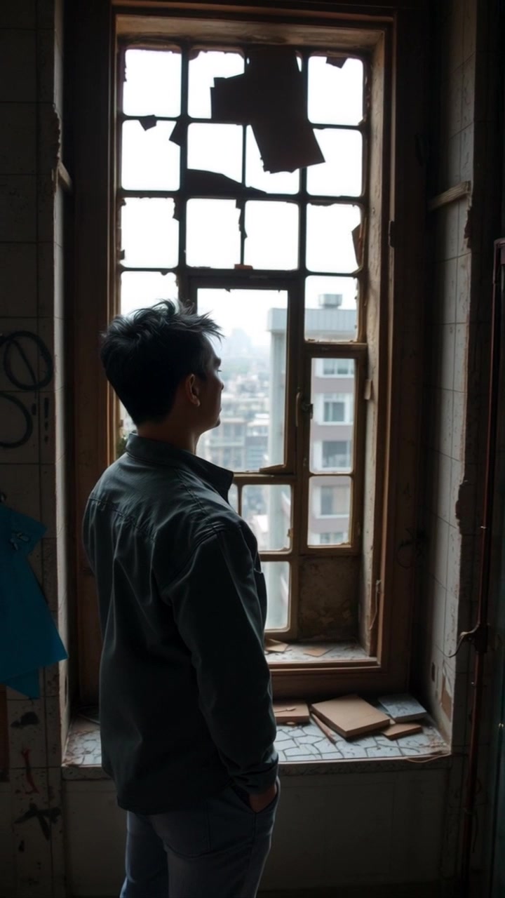 Subject: Hiro standing before a large window. Subject movement: Hiro gazes intently out at the sprawling cityscape, his reflection merging with the urban panorama. Scene: A modern apartment with floor-to-ceiling windows showcasing a vibrant skyline. Style: Evening light filtering through, casting soft shadows and a warm glow in the room. Motion: The camera pulls back slowly, revealing more of the interior while maintaining focus on Hiro's contemplative expression as the city lights begin to twinkle.
