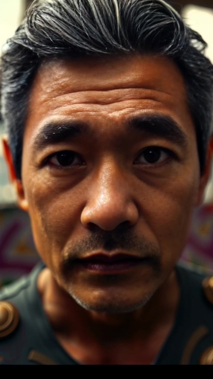 Subject: A young man with a serious expression. Scene: Close-up of the young man's face with city lights softly blurred in the background, creating an urban atmosphere. Style: Ambient lighting highlighting facial features, with a moody, dramatic tone. Motion: The camera slowly pushes in for an intimate feel, capturing the intensity of his gaze against the backdrop of vibrant city lights.