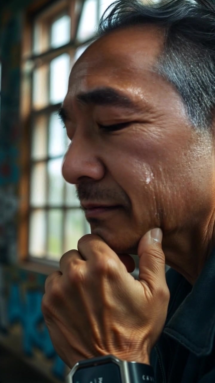 Scene: A close-up of a hand resting on the chin, reflecting deep contemplation in a softly lit room. Style: Subtle, warm ambient light enhances the mood of introspection. Motion: The camera gently pushes in for a tighter focus, creating a sense of intimacy as thoughts seem to linger in the air.