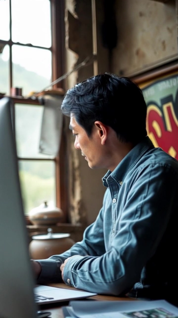 Scene: A focused individual named Hiro sitting at an office desk, surrounded by paperwork, with a framed photo in his hand. Lighting: Soft, ambient light filters in through a nearby window, casting gentle shadows across the desk. Motion: The camera smoothly pushes in toward Hiro, capturing his contemplative expression as he glances at the photo, then pans slightly to reveal surrounding details of the office environment.